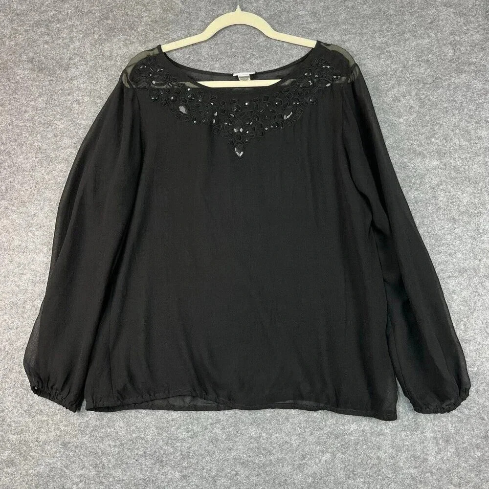 Chico’s 2 Sheer Silk Blouse Womens L Black Bubble Hem Embellished Neckline